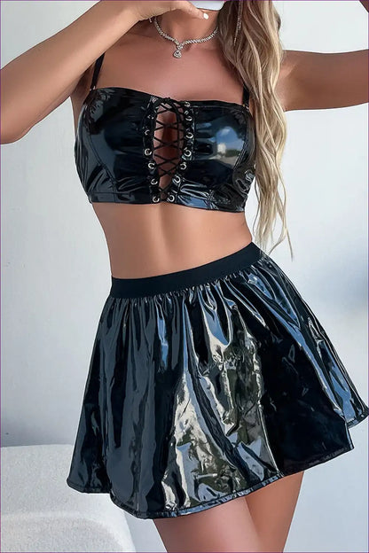 Black Patent Lace-up Crop Top and Skirt Set for Night-out Glam A-line, All Season, Clubwear, co Ord,