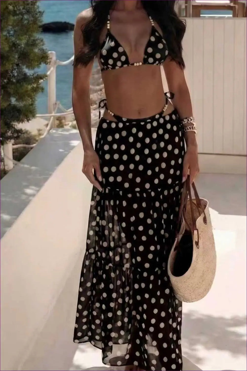 Black Polka Dot Bikini with Tiered Maxi Skirt - Mono Escape - Swimwear - Beachwear • just in • Party • Summer