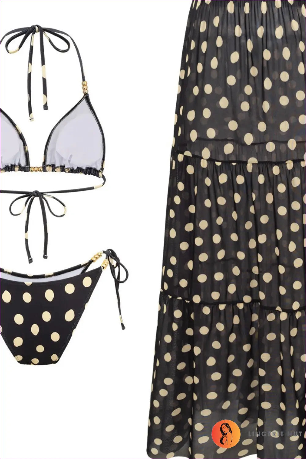 Black Polka Dot Bikini with Tiered Maxi Skirt - Mono Escape - Swimwear - Beachwear • just in • Party • Summer