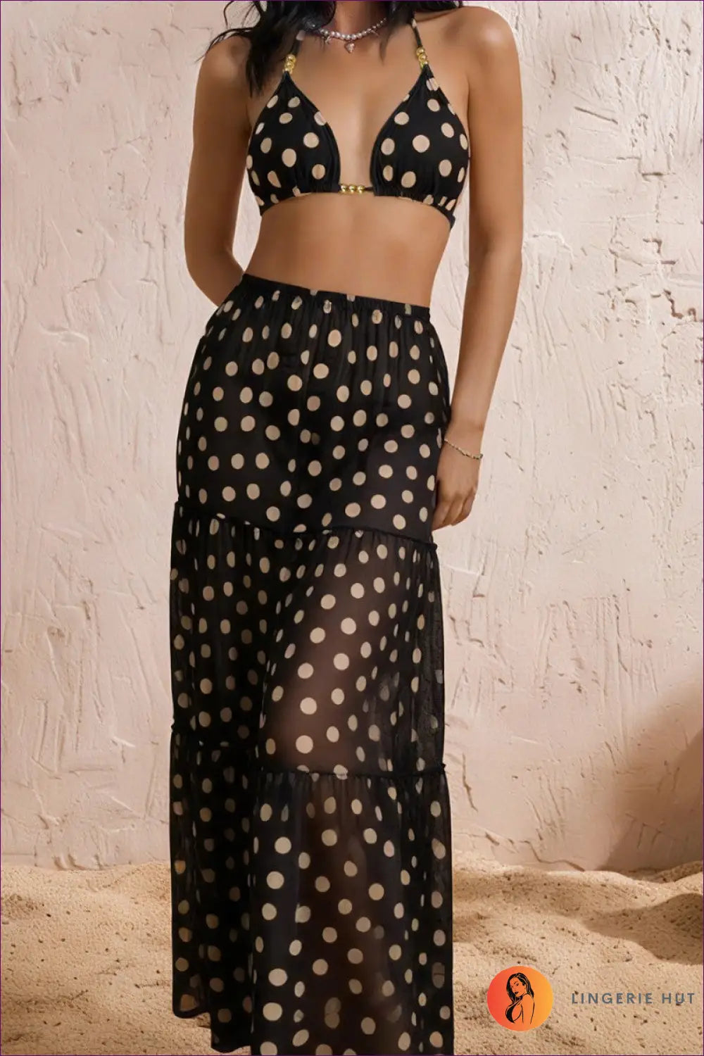 Black Polka Dot Bikini with Tiered Maxi Skirt - Mono Escape - Swimwear - Beachwear • just in • Party • Summer