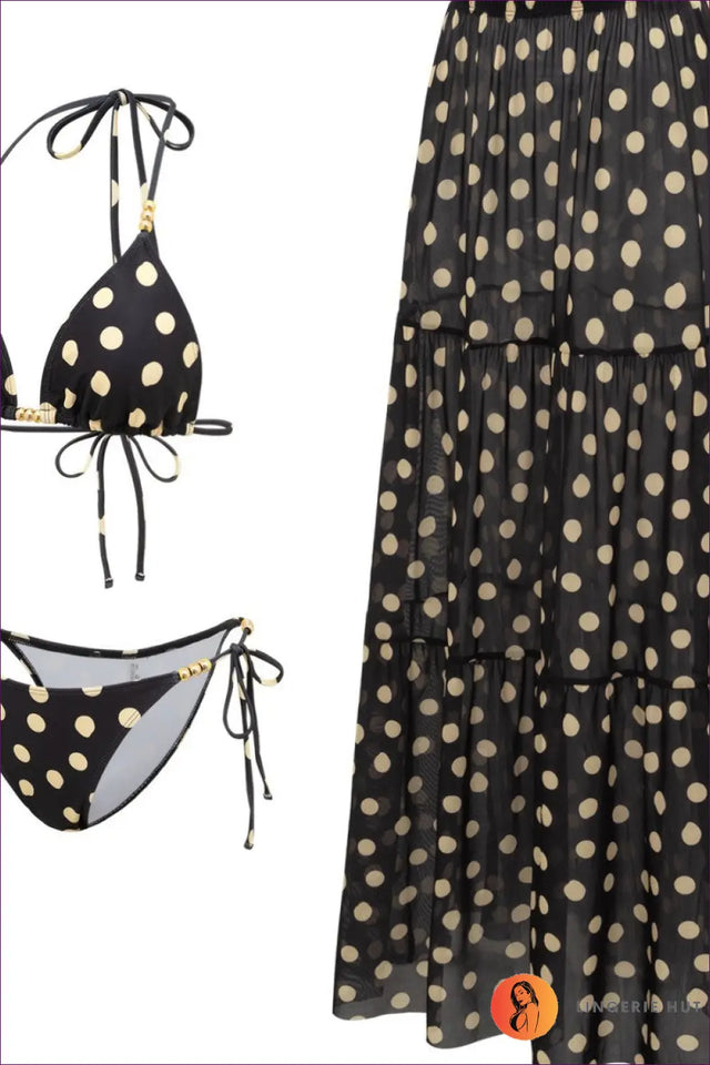 Black Polka Dot Bikini with Tiered Maxi Skirt - Mono Dot Escape
