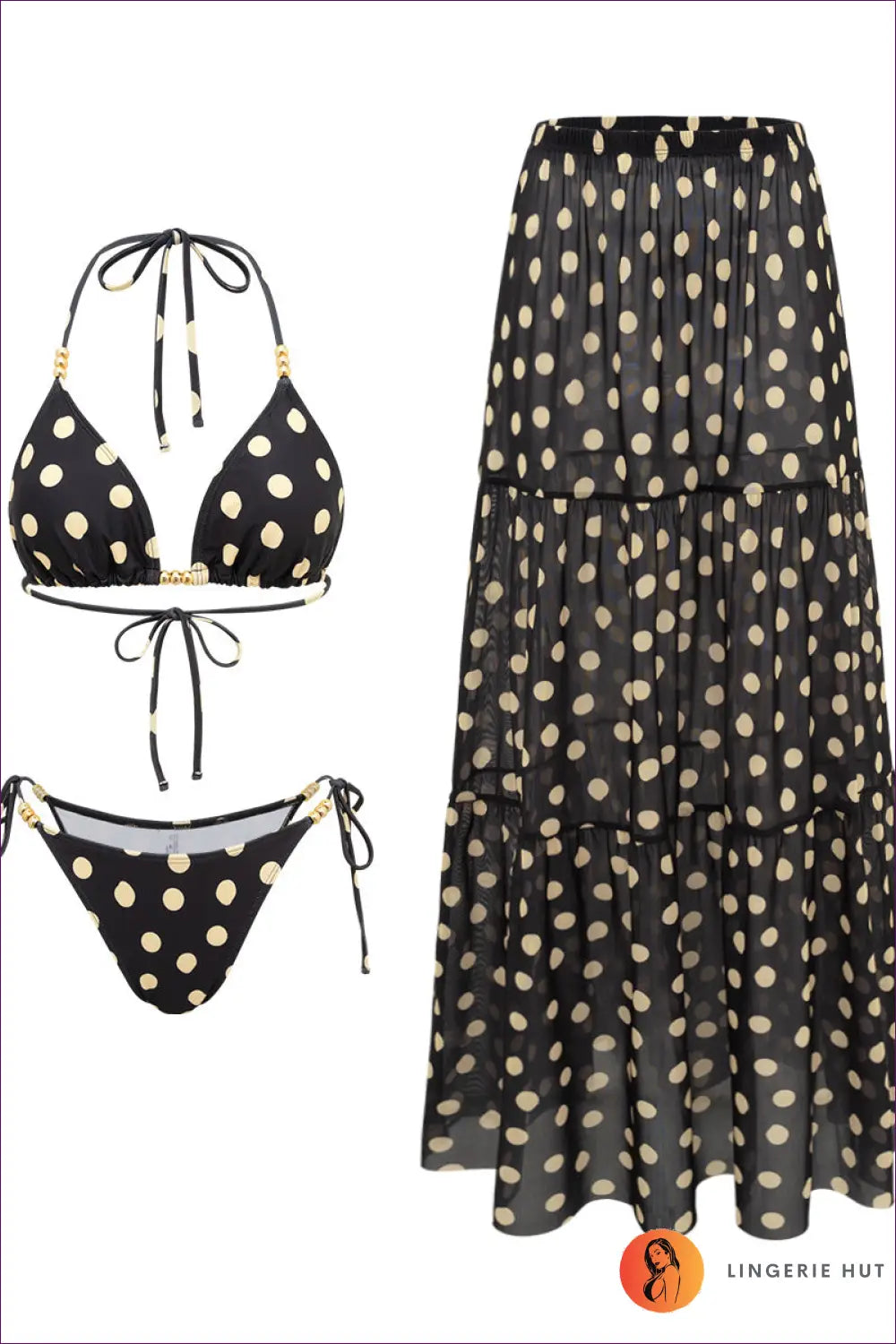 Black Polka Dot Bikini with Tiered Maxi Skirt - Mono Escape - Swimwear - Beachwear • just in • Party • Summer