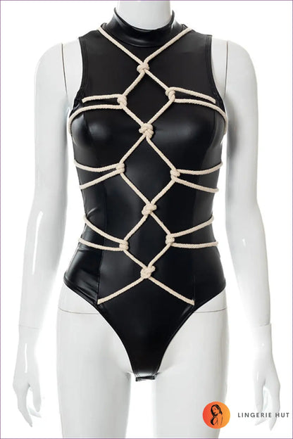 Black Shiny Latex Bodysuit with Rope Detailing - Bold Statement Piece for Clubwear, Cutout, Latex, Lingerie,