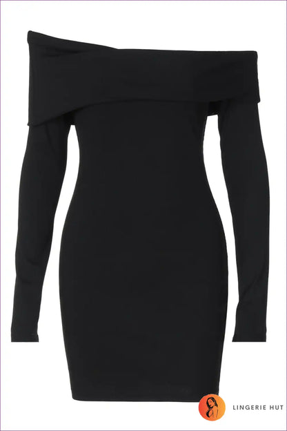 Black Off-shoulder Long Sleeve Mini Dress with Bodycon Fit for All Season, Bodycon, Clubwear, Date Night,