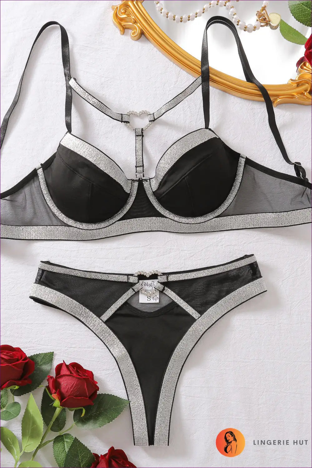 Black & Silver Sparkle Lingerie Set - Glamorous Seduction for Bra Set, Bridal, Glamour, Lingerie, n