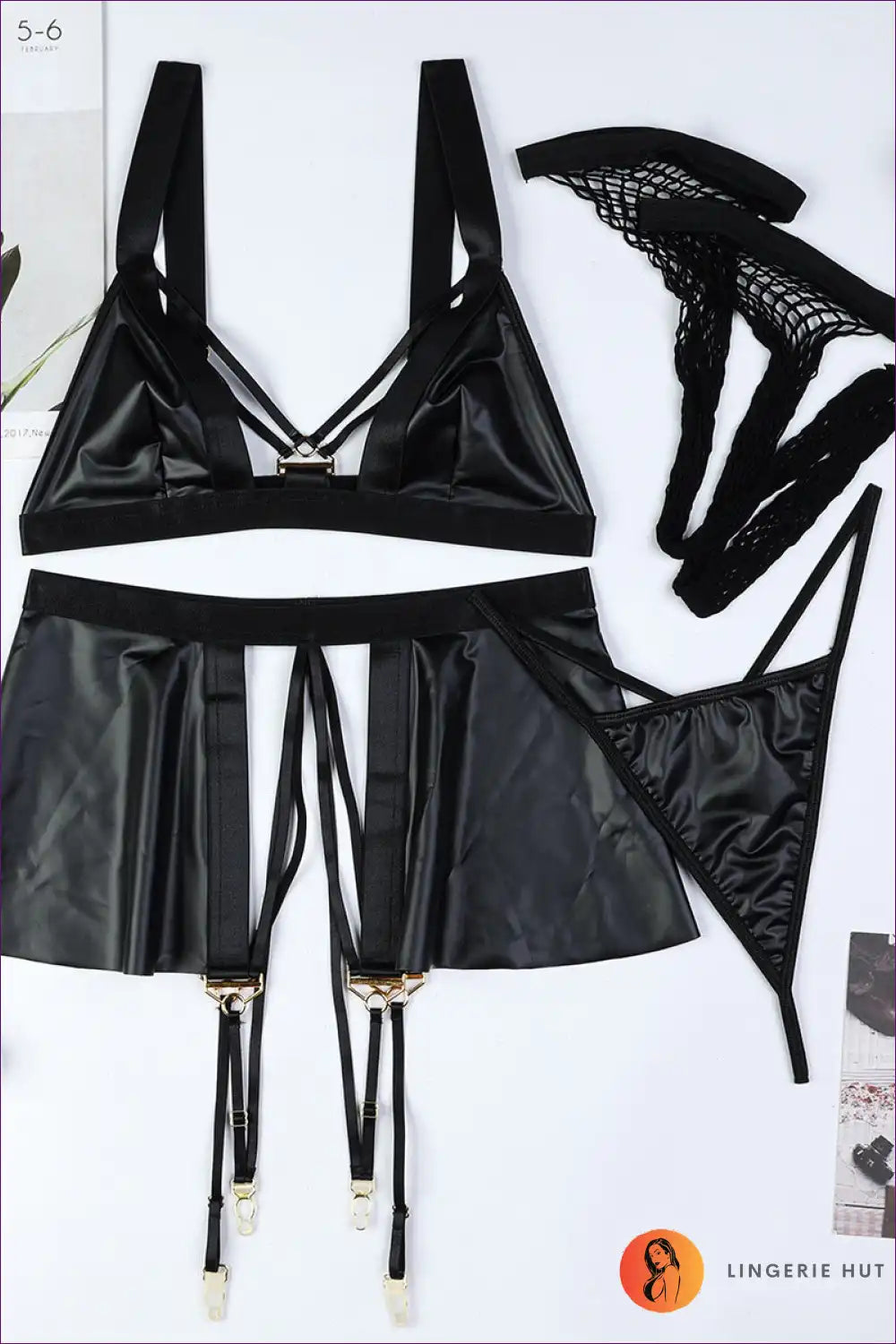 Black Strappy Leather-look Lingerie Set – Bold & Provocative for Boudoir, Bra Set, Garter, Leather,