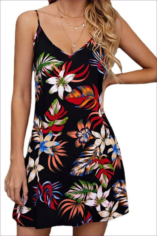 Black Tropical Floral Mini Cami Dress - V-neck Backless - Backless • Boho • Xycs