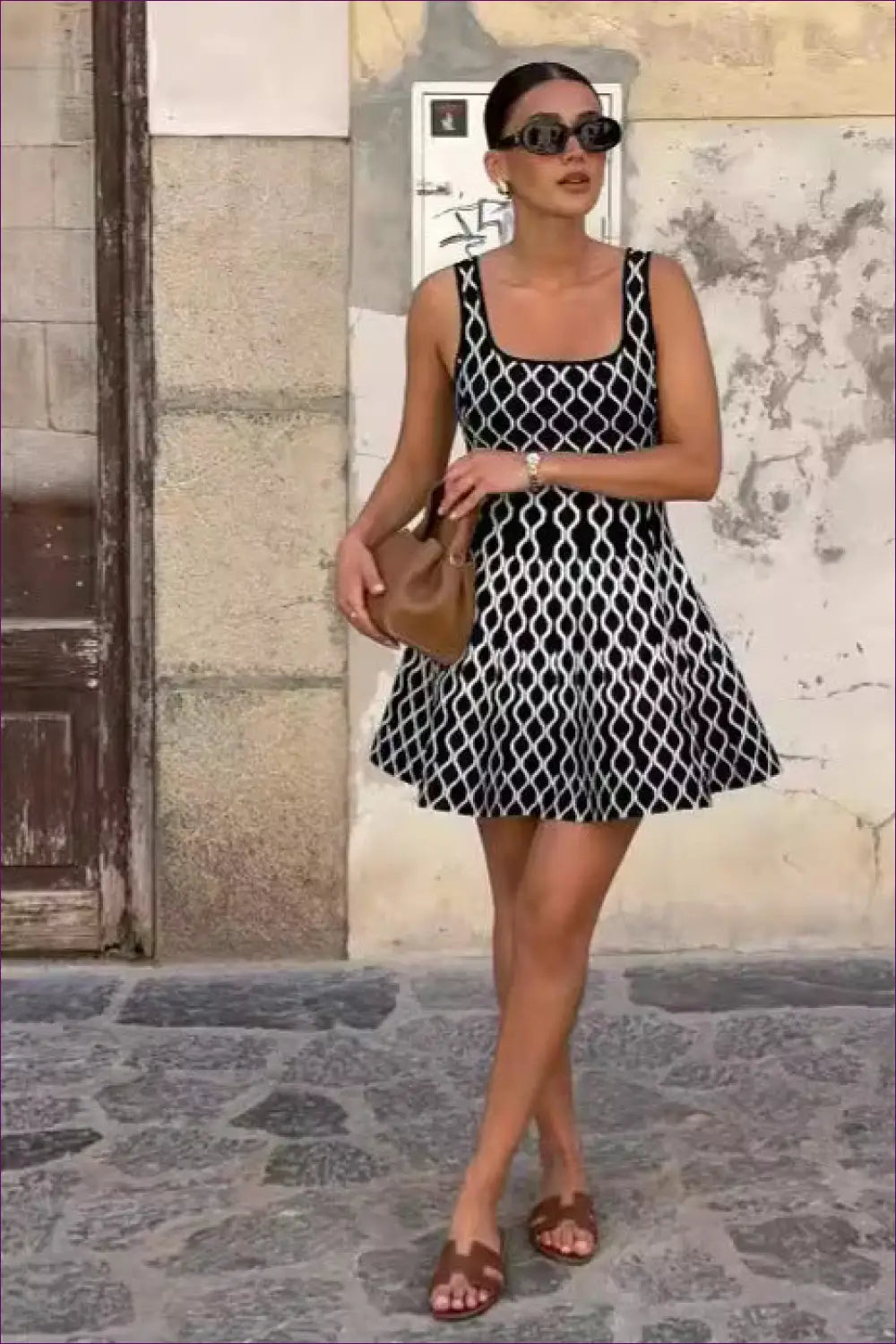 Black & White Geometric Skater Dress - Urban Chic for Casual, Dress, Everyday, Glamour, Mini