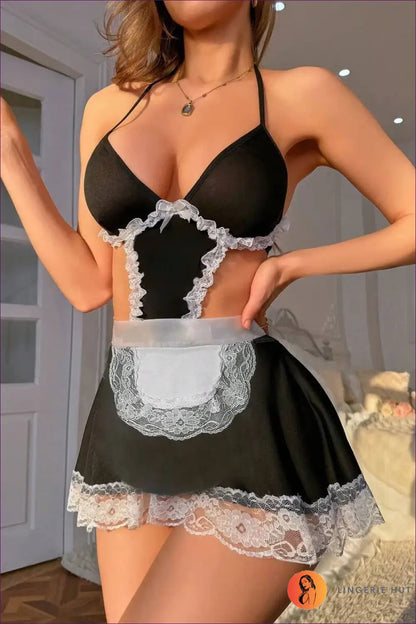 Black White Lace Maid Costume Outfit - Halter Deep v - Casual • Halloween • just in • Lingerie Hut