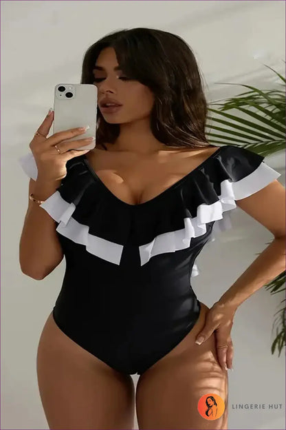 Black and White Ruffle Swimsuit with Deep v - Poolside Style - Swimwear - Beachwear • Bikini • Casual
