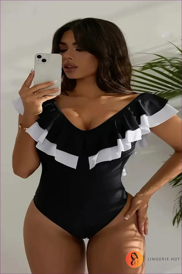 Black and White Ruffle Swimsuit with Deep V - Poolside Style