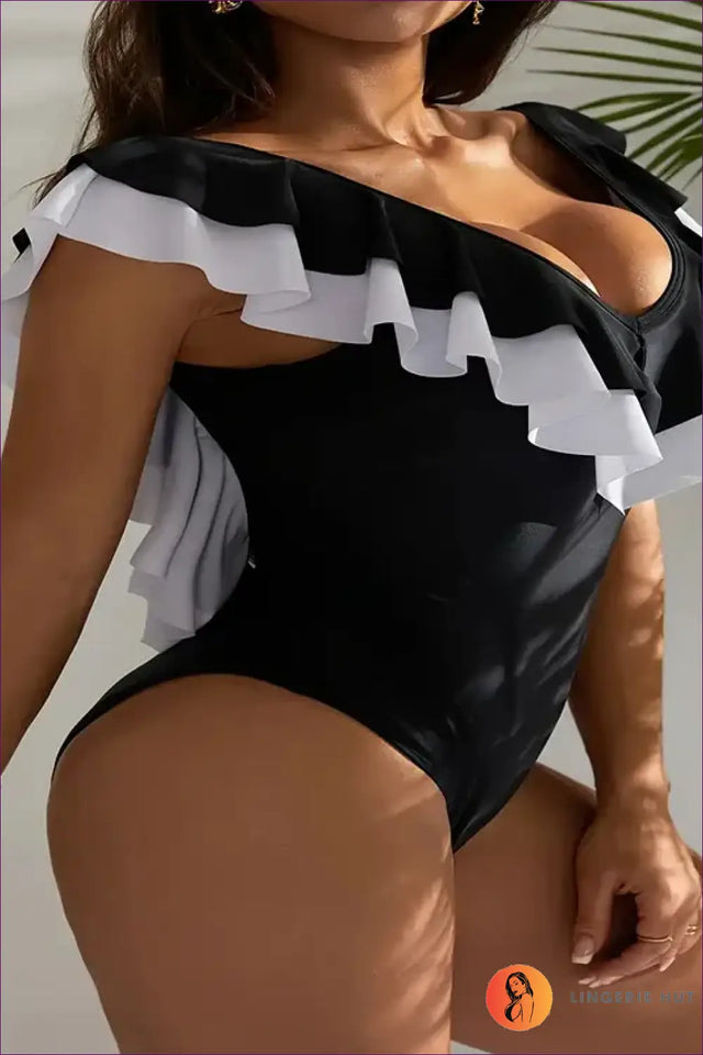 Black and White Ruffle Swimsuit with Deep V - Poolside Style