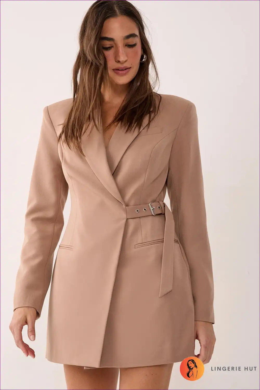 Blazer Dress with Belt Detail - Boardroom Confidence for All Season, Backless, Bodycon, Casual,