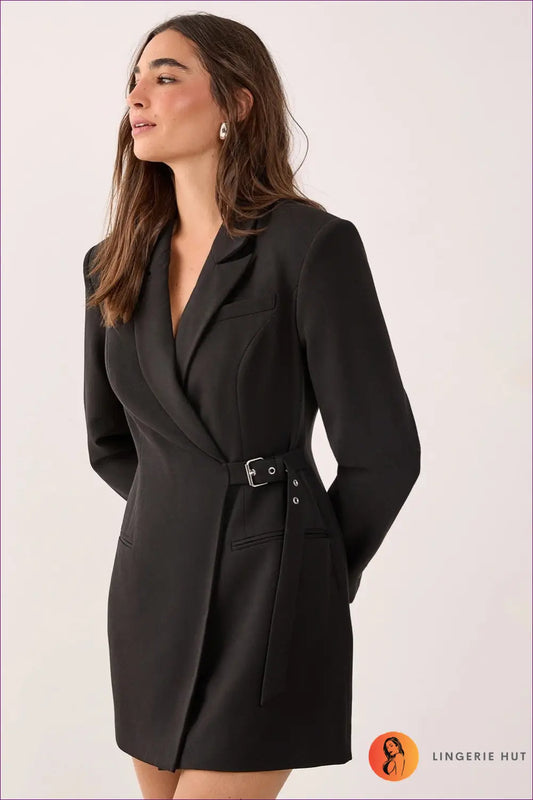 Blazer Mini Dress with Belt - Effortless Desk-to-drinks Edge - s / Black - Dresses - Lingerie Hut - All Season