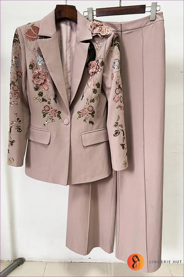 Blazer Set with Floral Appliqué - Garden Party Grace