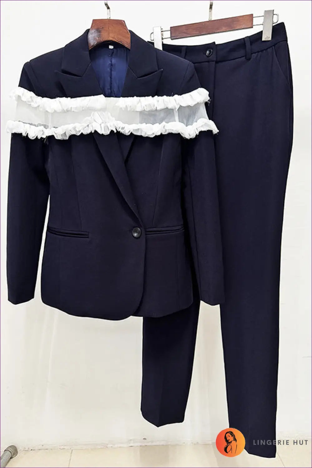 Blazer Set with Ruffle Detail - Power Meeting Ready - s / Navy Blue - co Ord - Lingerie Hut - All Season • Casual