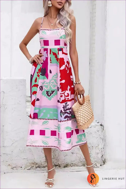 Block Print Spaghetti-strap Midi Dress - Flared Skirt for Casual, Dresses, Floral, Midi, s