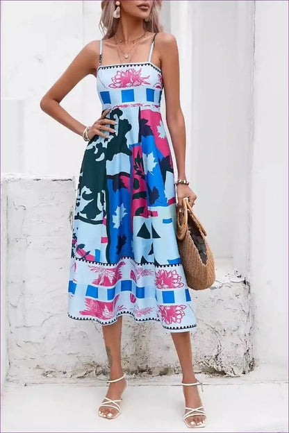 Block Print Spaghetti-strap Midi Dress - Flared Skirt for Casual, Dresses, Floral, Midi, s