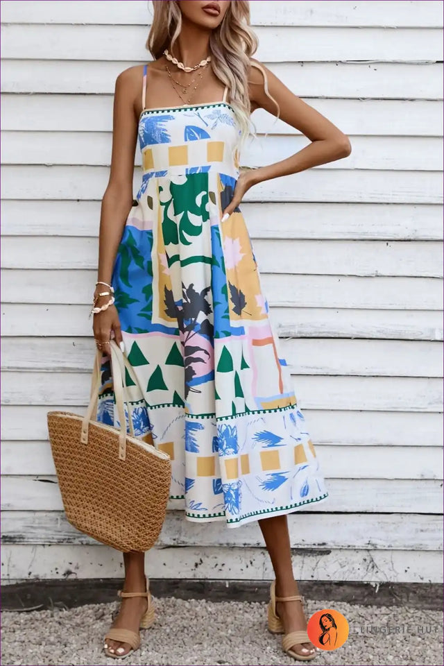 Block Print Midi Dress with Spaghetti Straps - Summer Evenings Sorted