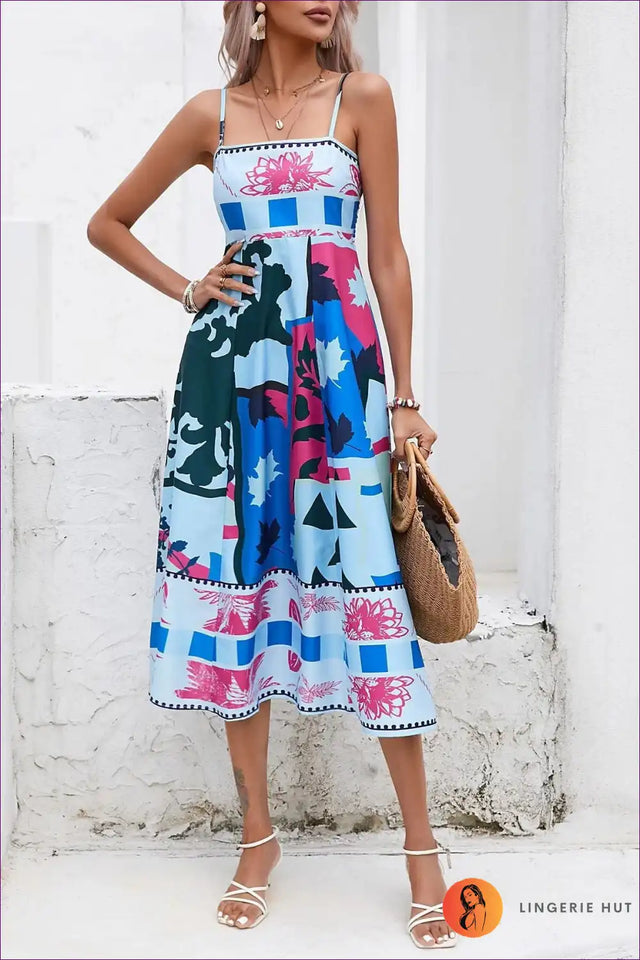 Block Print Midi Dress with Spaghetti Straps - Summer Evenings Sorted
