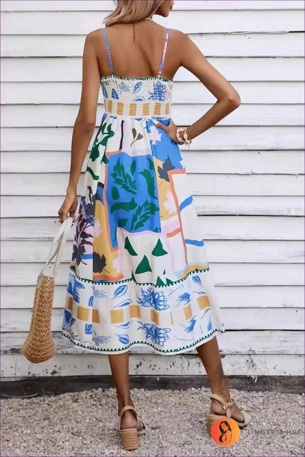 Block Print Spaghetti-strap Midi Dress - Flared Skirt for Casual, Dresses, Floral, Midi, s