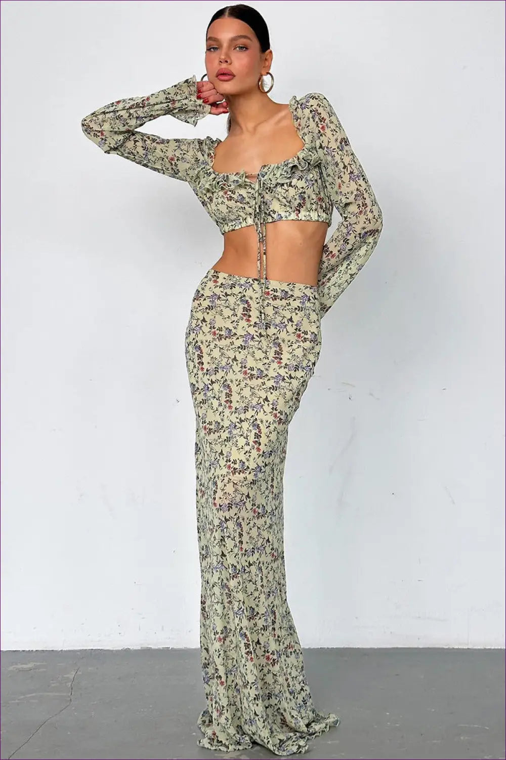 Blooming Elegance Floral Co-ord Set - Crop Top & Maxi Skirt for Bodycon, Boho, Chiffon, co Ord, Date Night