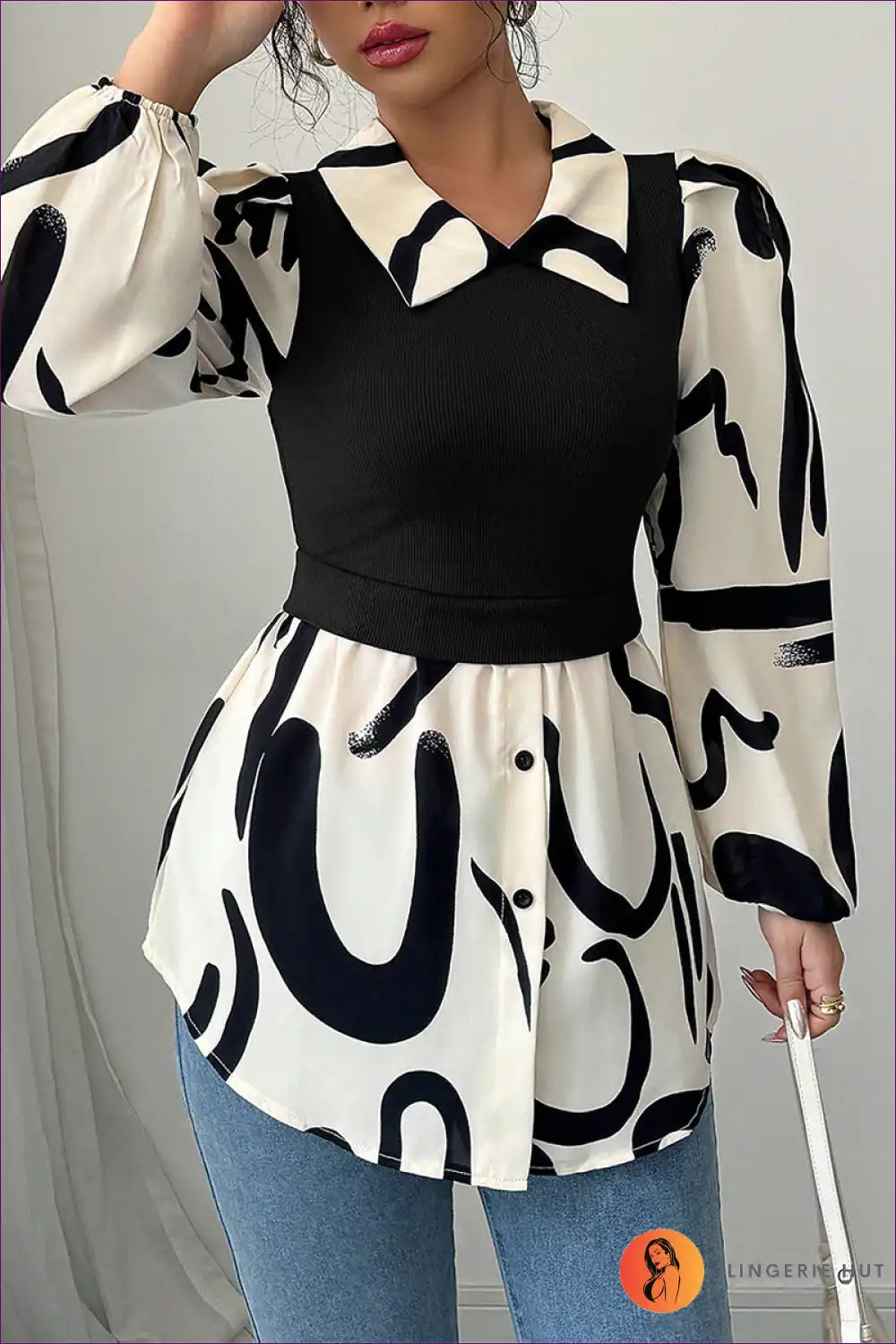 Blouse with Abstract Print Overlay - Creative Expression for All Season, Autumn, Blouse, Casual, Everyday