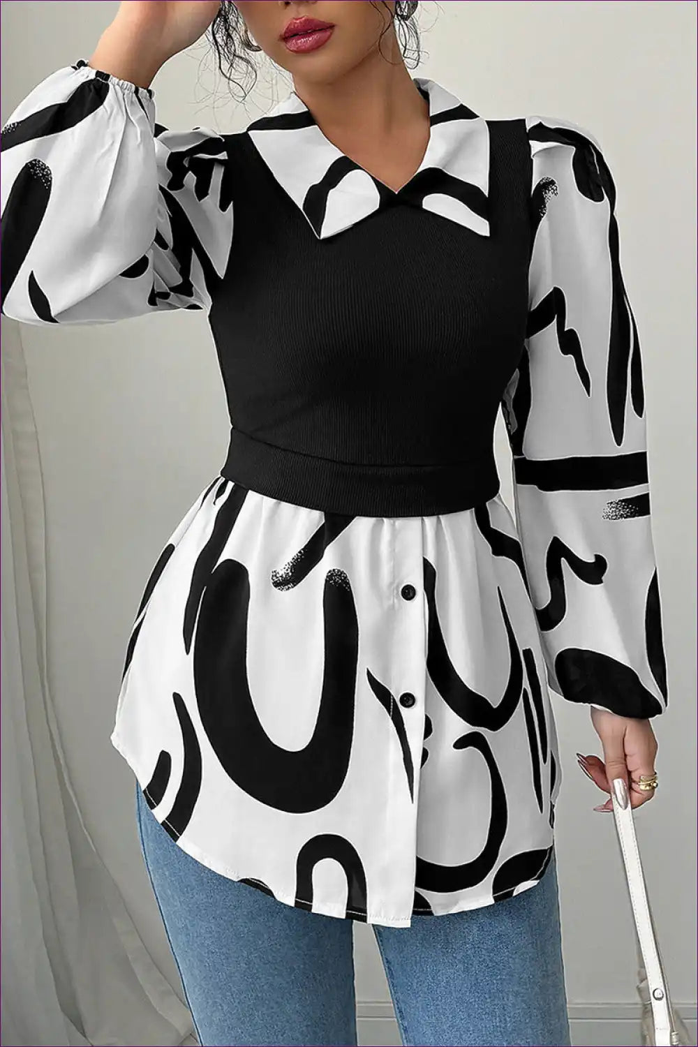 Blouse with Abstract Print Overlay - Creative Expression for All Season, Autumn, Blouse, Casual, Everyday