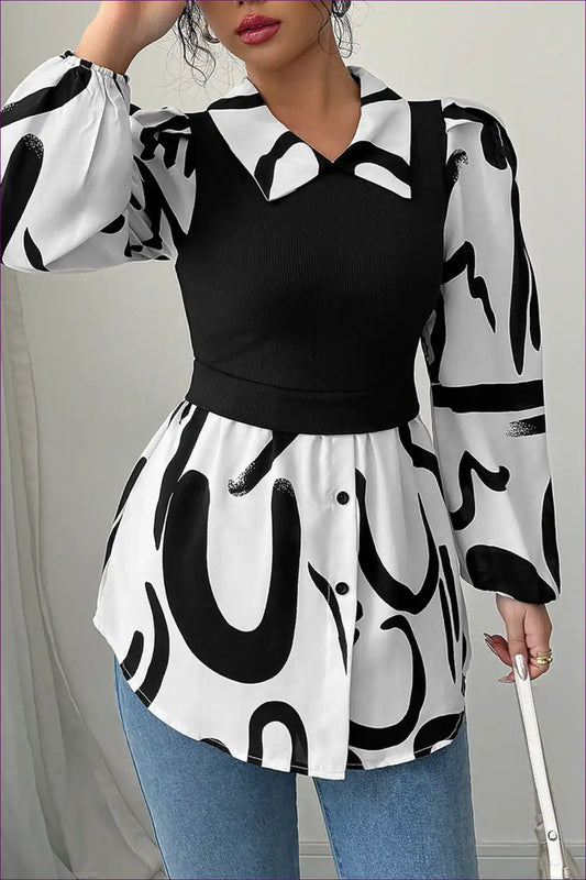 Blouse with Abstract Print Overlay - Creative Expression for All Season, Autumn, Blouse, Casual, Everyday
