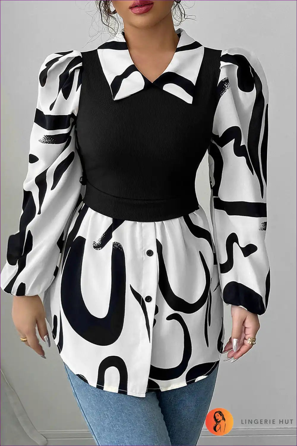 Blouse with Abstract Print Overlay - Creative Expression for All Season, Autumn, Blouse, Casual, Everyday