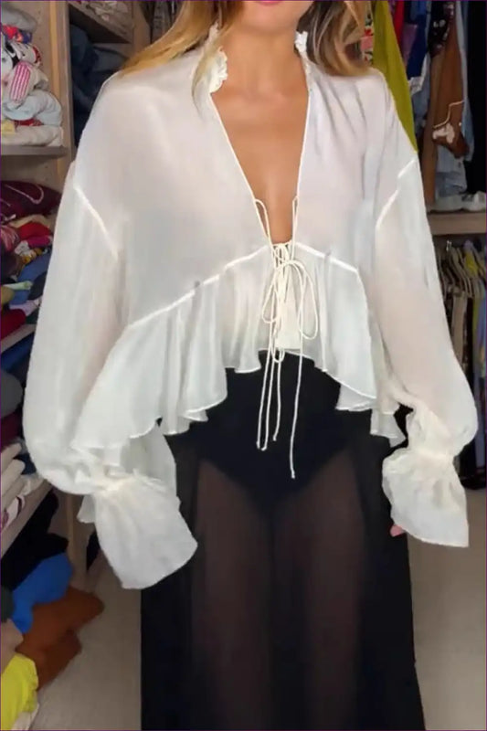 Blouse with Lace-up Detail - Romantic Layers for All Season, Autumn, Blouse, Boho, Casual