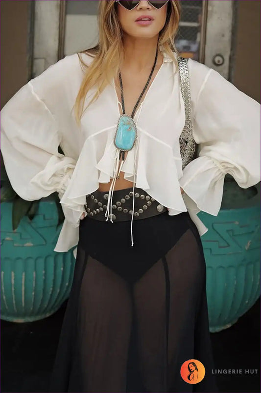 Blouse with Lace-up Detail - Romantic Layers for All Season, Autumn, Blouse, Boho, Casual