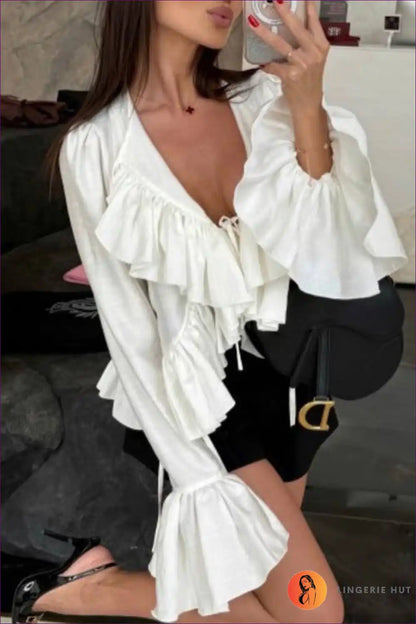 Blouse with Ruffle Tie Neckline - Romantic Mornings for All Season, Blouse, Boho, Casual, Chiffon