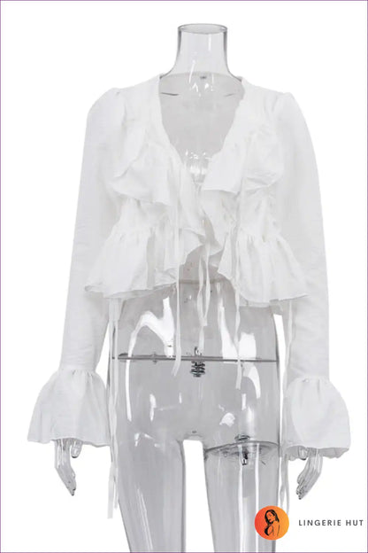 Blouse with Ruffle Tie Neckline - Romantic Mornings for All Season, Blouse, Boho, Casual, Chiffon