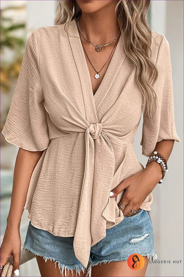 Tie Front Blouse with Flutter Sleeves - Effortless Everyday Elegance