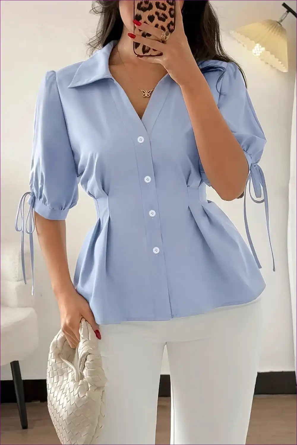 Blouse with Tie Sleeves - Feminine Professional for All Season, Autumn, Blouse, Casual, Cotton