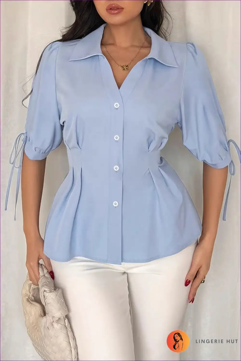 Blouse with Tie Sleeves - Feminine Professional for All Season, Autumn, Blouse, Casual, Cotton