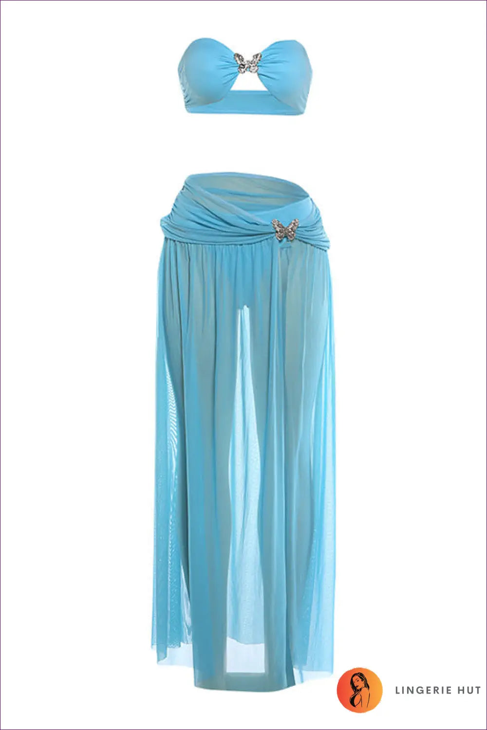 Blue Bandeau Skirt Set with Butterfly Buckle - Beach Club Ease - s / Three-piece Suit - Cover Up - Beachwear