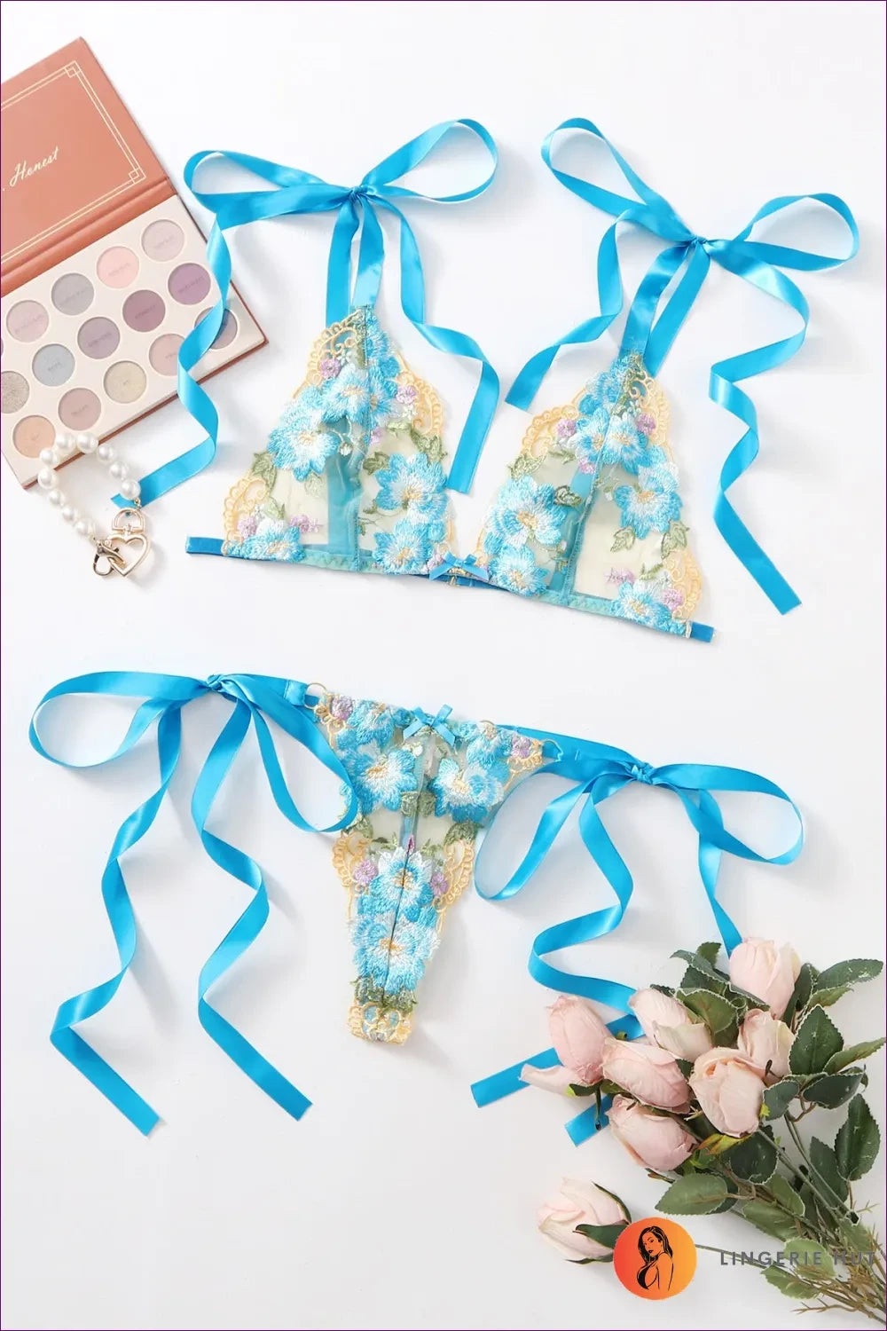 Discover The Blue Bow Floral Bikini Bra Set, a Treasure Trove Of Beauty With Its Playful Ties And Exquisite