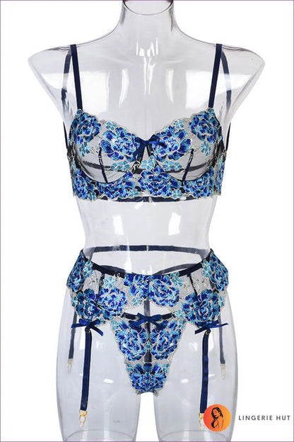 Experience Unmatched Elegance With Our Blue Embroidered Bow Detail Bra Set Garter. Detailed Bra Blue