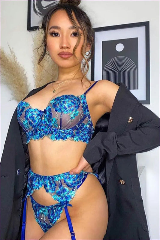 Indulge In The Artistry Of Lingerie Hut’s Blue Enchantment Embroidered Bra Set. a Three-piece Wonder, Where