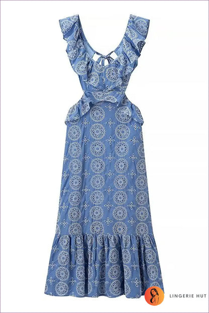 Blue Lace Ruffle Maxi Dress - Romantic Charm For a Line, All Season, Boho, Dress, Glamour