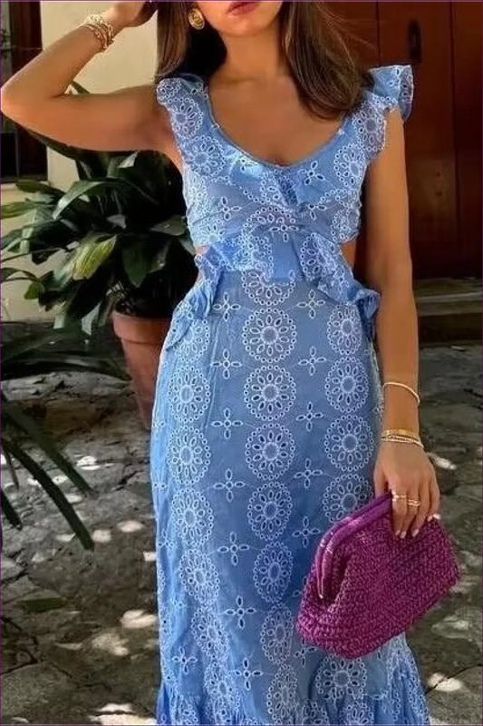 Blue Lace Ruffle Maxi Dress - Romantic Charm For a Line, All Season, Boho, Dress, Glamour