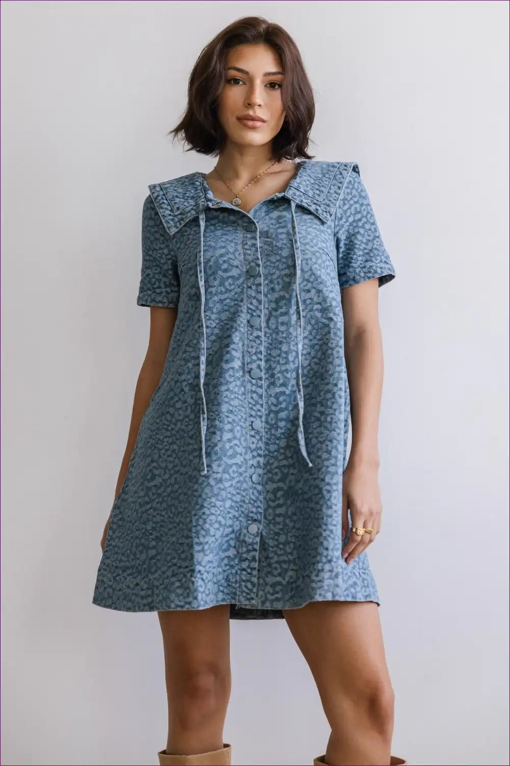 Blue Leopard Print A-line Denim Dress with Statement Collar for a Line, All Season, Animal, Boho, Casual