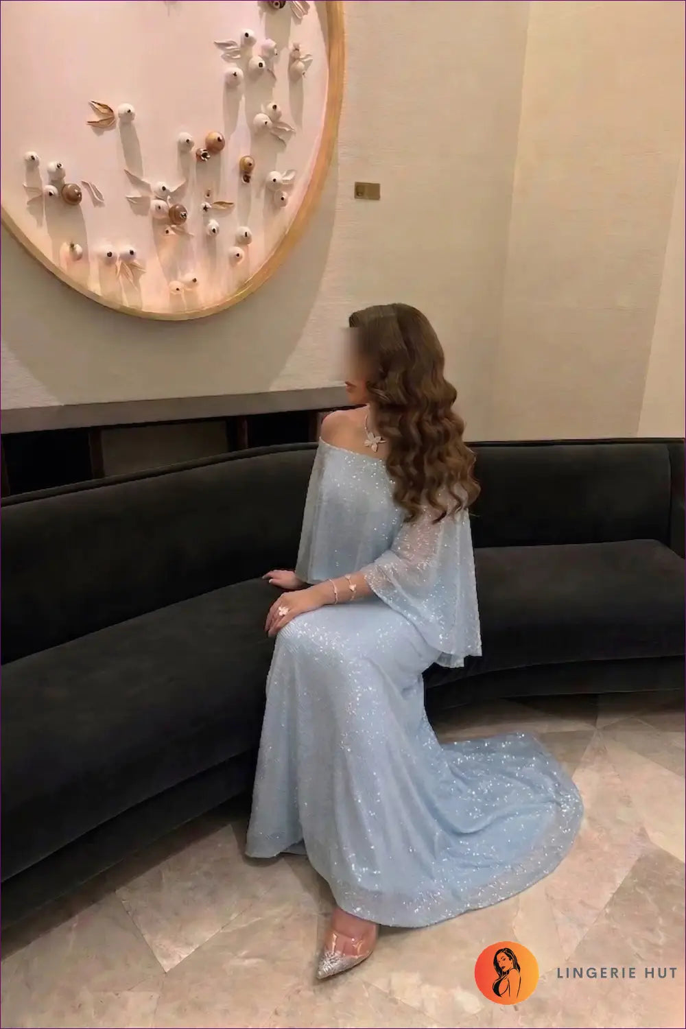 Blue Sequin Evening Gown with Cape Sleeves - Dinner Party Elegance - Bodycon Dress - Dresses • Formal Wear