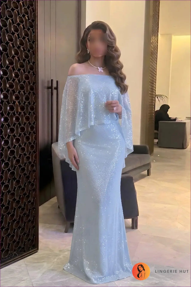 Blue Sequin Evening Gown with Cape Sleeves - Dinner Party Elegance