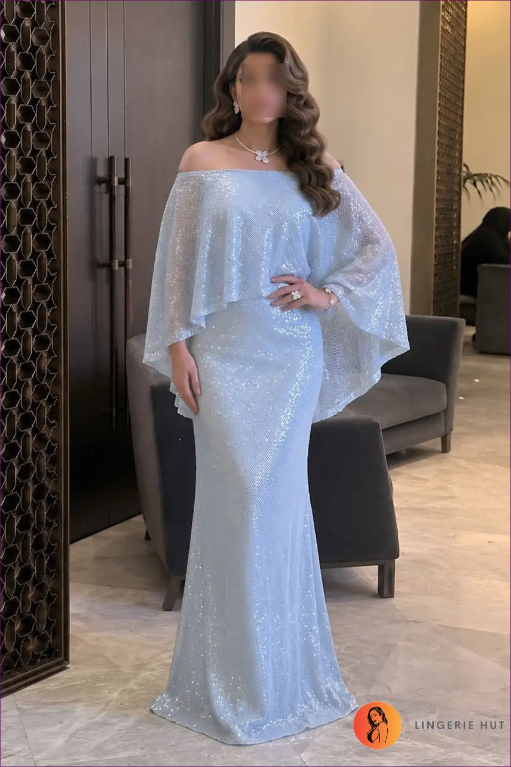 Blue Sequin Evening Gown with Cape Sleeves - Dinner Party Elegance - Bodycon Dress - Dresses • Formal Wear