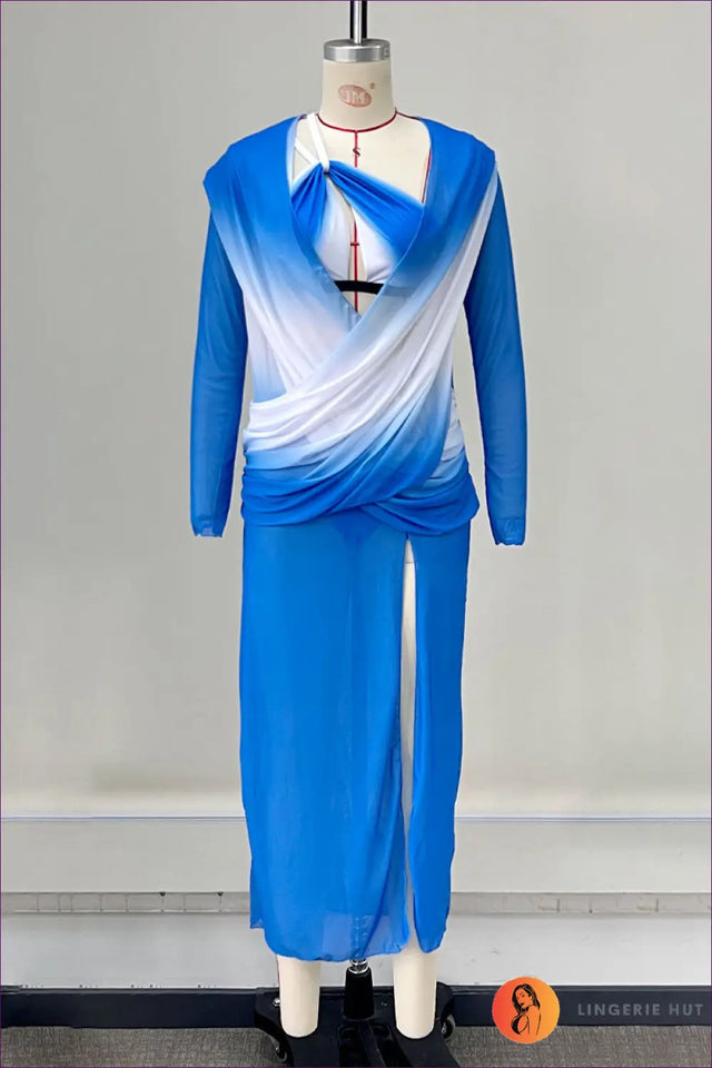 Blue Sheer Ombre Wrap Cover-Up with Bikini Top - Riviera Drape