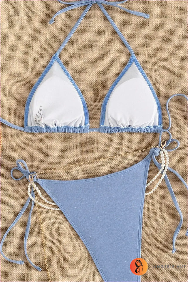 Blue Shimmer Tie-Side Bikini with Halter Ties - Poolside Glint
