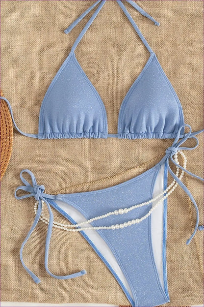 Blue Shimmer Tie-side Bikini with Halter Ties - Poolside Glint - Beachwear • just in - Lingerie Hut